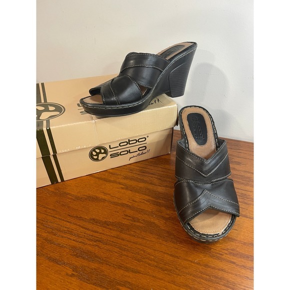 Lobo Solo Shoes - Lobo Solo Rubi Black Leather Wedge Heel Open Toe Mule Sandals 9‎ Slip On Comfort